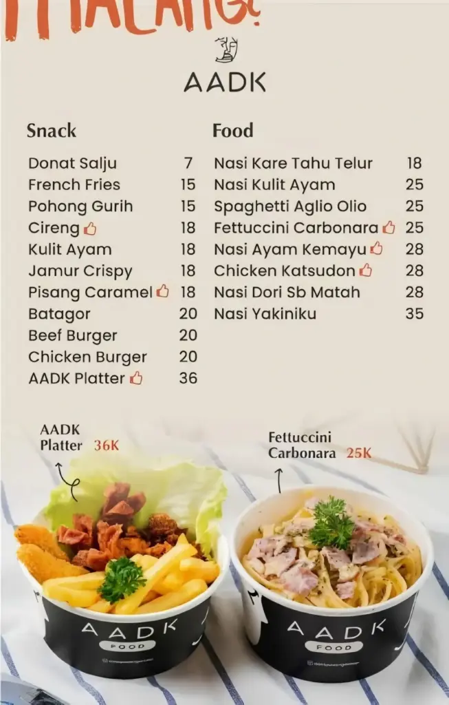 Harga Menu Makanan AADK Malang